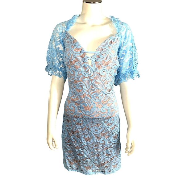 Venus 1X Sky Blue Lace Mini Dress Sheer Bodycon Fit Scalloped Sleeve Glamcore - Picture 2 of 12